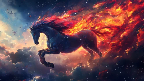 Fiery celestial horse charges through stormlit cosmic sky
