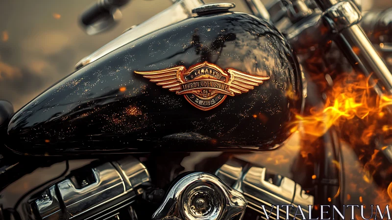 Custom black motorcycle tank with flaming reflective finish.