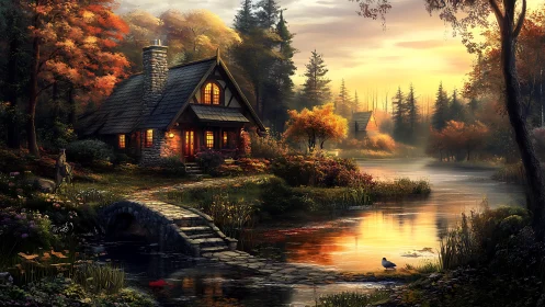 Stone cottage glows beside reflective river at autumn sunset