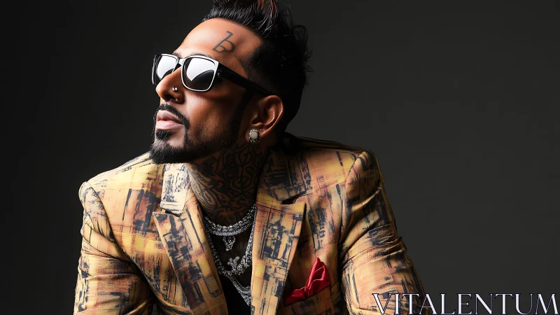 Stylish man in patterned suit with tattoos and sunglasses.