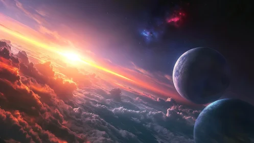 Sunrise over alien clouds with twin silent worlds.