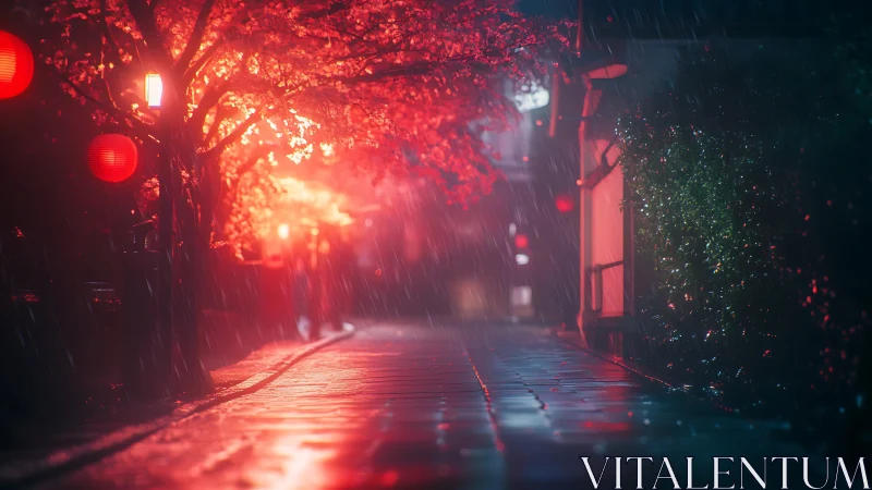 Rainy lantern street under glowing cherry blossoms at night.