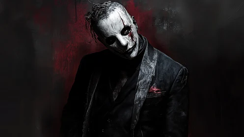 Masked figure in dark suit against textured red background.