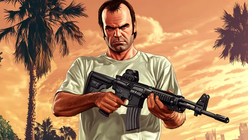 Animated armed man stands under orange sunset sky