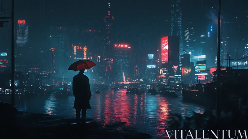 Nocturnal neon waterfront with silhouetted observer in rain.