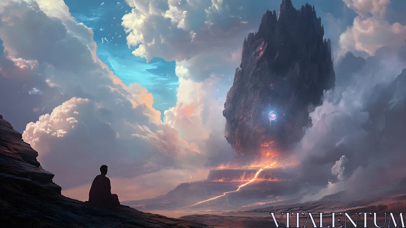 Meditative observer facing levitating volcanic monolith portal.