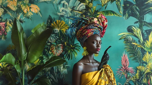 Tropical portrait with vibrant textiles and exotic foliage.