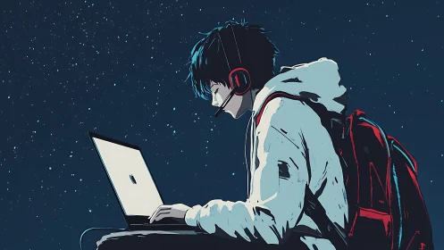 Starlit gamer drifts through midnight code and digital skies.