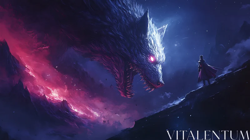 Lone warrior confronts colossal spectral wolf in cosmic storm