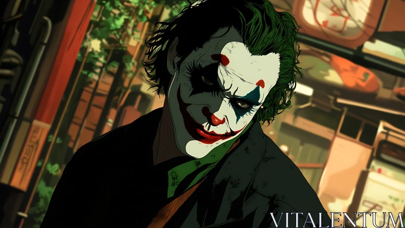 Clown masked figure in shadowed urban alleyway at night.