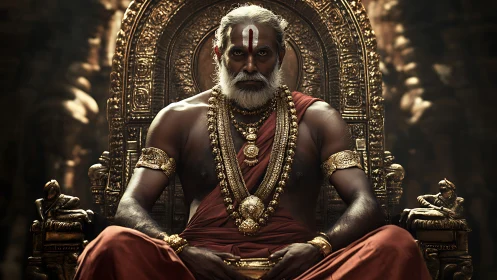 Regal Hindu sage sits on ornate golden temple throne.