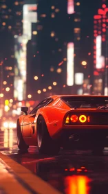 Neon-soaked supercar prowls rain-glossed cyber city streets.