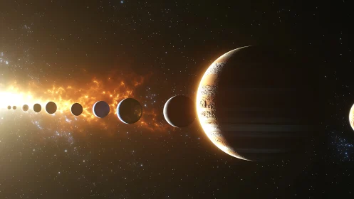 Aligned planetary bodies in illuminated deep space scene.