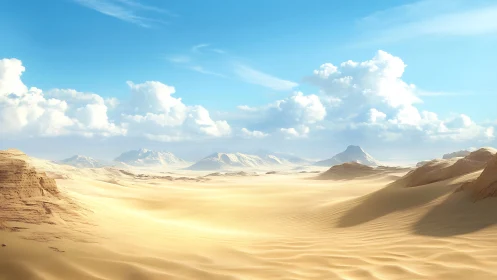Sunlit desert dunes unfold beneath vast cloud-filled skies.