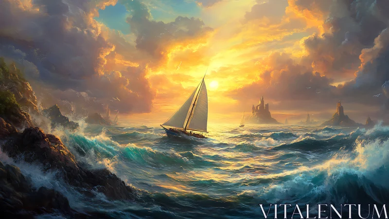 Sailboat cuts through luminous storm surf beneath radiant sunset