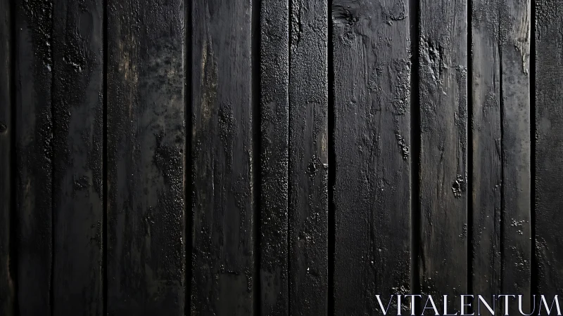 Charred vertical wood planks display glossy soot, cracks, and wear