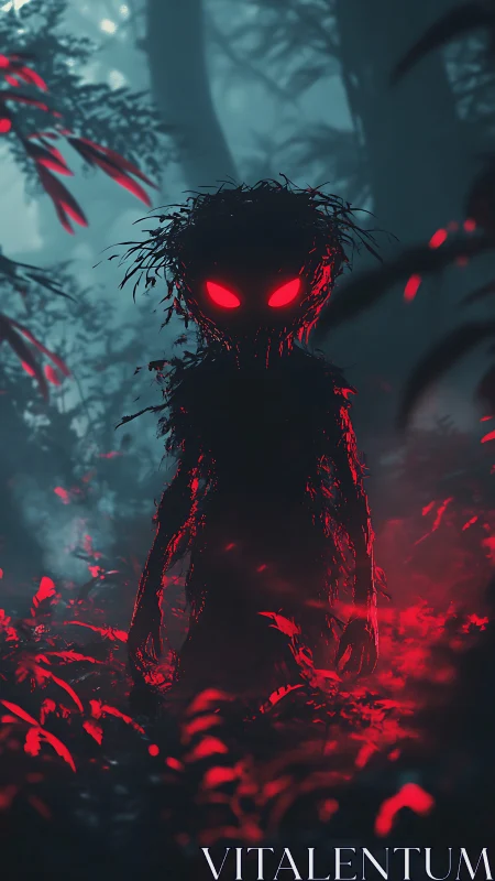 Demonic forest wraith with glowing red eyes stands in mist.