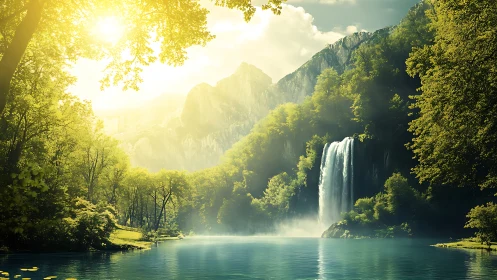 Sunlit forest waterfall cascades into tranquil turquoise lake