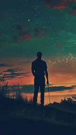 Silhouetted golfer observes star-filled twilight sky in profile