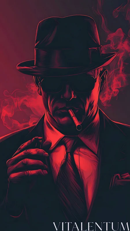 Noir mobster silhouette smokes under red neon haze.