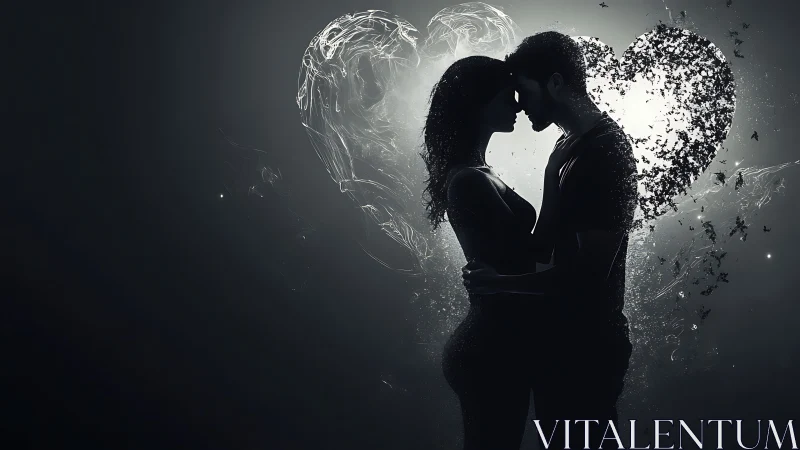 Silhouetted Couple Embraced in Luminous Particle Dissolution Effect