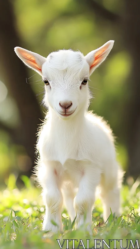 Young white goat stands on grass in bright natural light