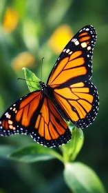 Monarch butterfly on green leaf in soft garden light.