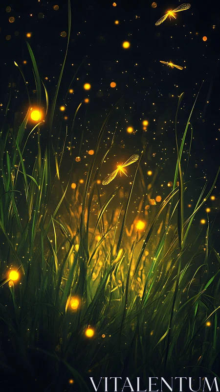 Bioluminescent fireflies illuminating dense summer meadow