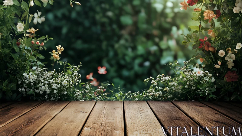 Wooden Deck With Layered Flowering Garden Border Composition