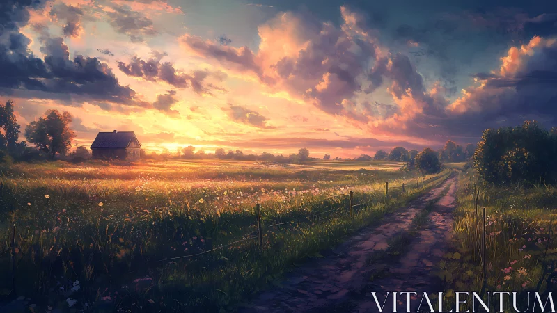 Sunlit country field and dirt road under dramatic clouds