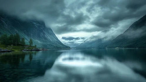 Moody mountain fjord under brooding clouds at dawn.