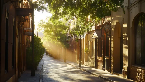 Early morning volumetric light across narrow urban laneway.