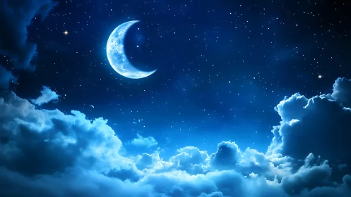 Crescent moon glows above illuminated clouds in starry sky
