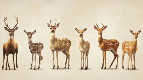 Row of stylized deer and fawns on soft beige background.