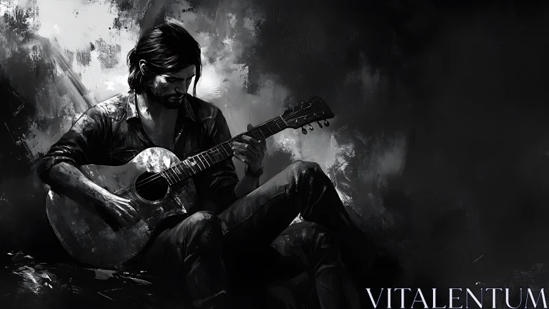 Solitary guitarist in monochrome shadowed corner study.