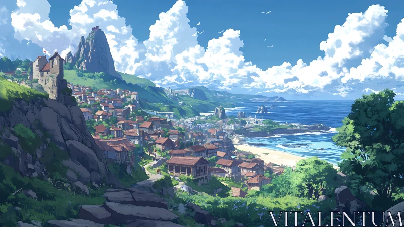Medieval Coastal Castle Overlooking Seaside Town in Fantasy Realm.