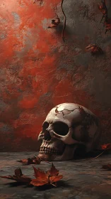 Weathered skull amid crimson leaves on textured stone wall.