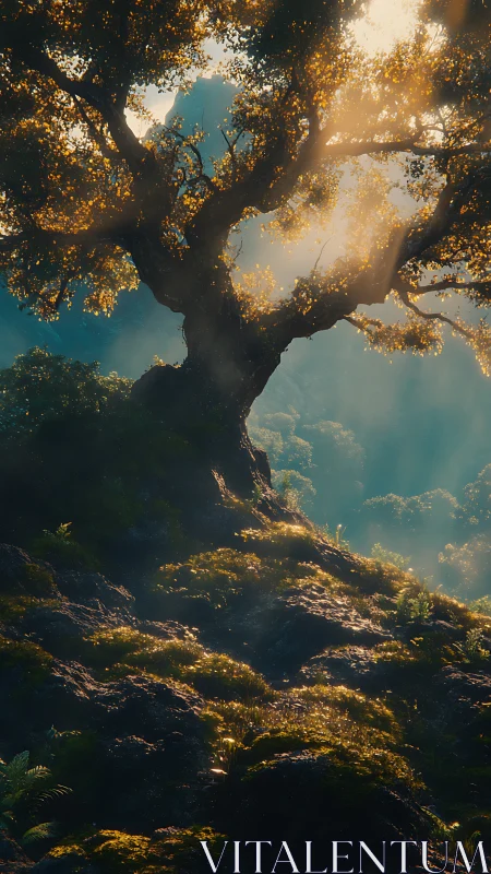 Ancient Tree Backlit Golden Foliage Against Turquoise Sky.