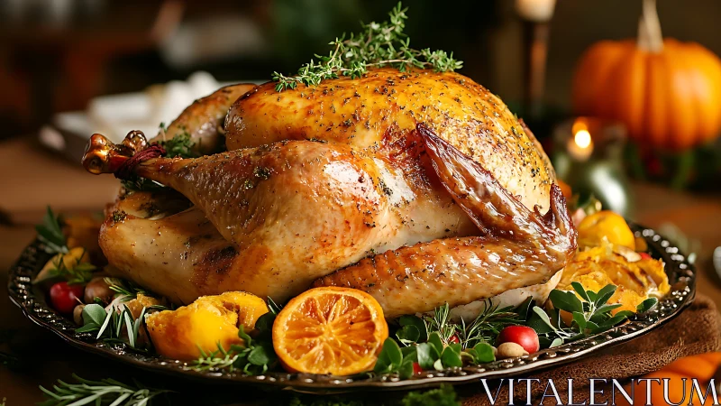 Golden roasted turkey with citrus garnish in warm lighting.