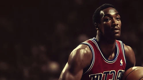 Focused basketball player in red jersey holding ball, closeup