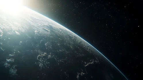 Photorealistic orbital view of Earth with sunlit limb and stars.
