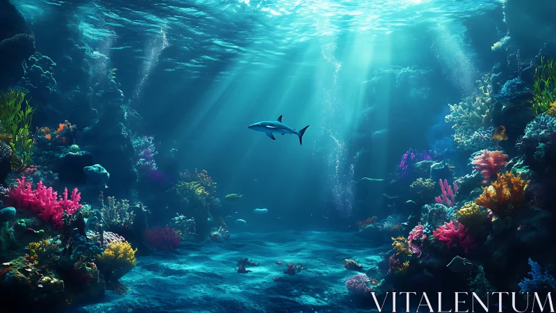 Solitary reef shark drifting through cathedral-blue light shafts.