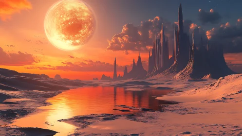 Alien sunset blazes above crystalline spire citadel shoreline.