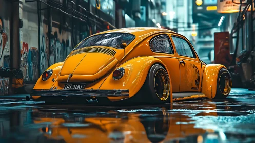 Bold yellow classic car rests low in a neon wet city street