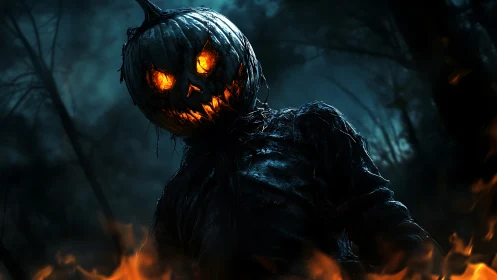 Smoldering pumpkin-headed specter in burning forest night.