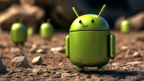 Glossy green android mascot stands on rocky sunlit ground