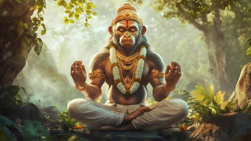 Meditating simian deity with gold regalia in lush forest grove