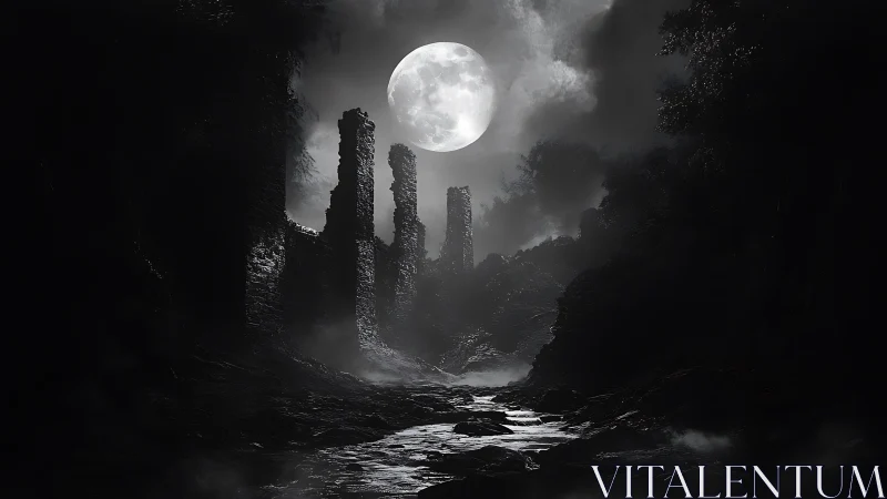 Moonlight carves silver paths through haunted stone ruins