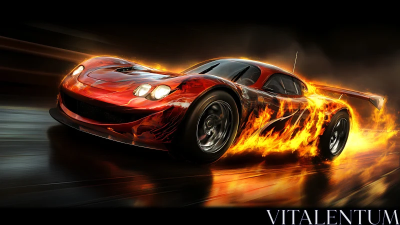 Flaming red race car blazes down a slick midnight track
