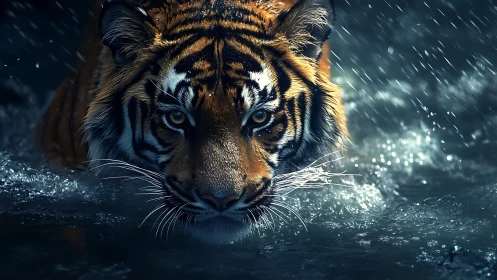 Low key frontal tiger portrait wading through rainlit water